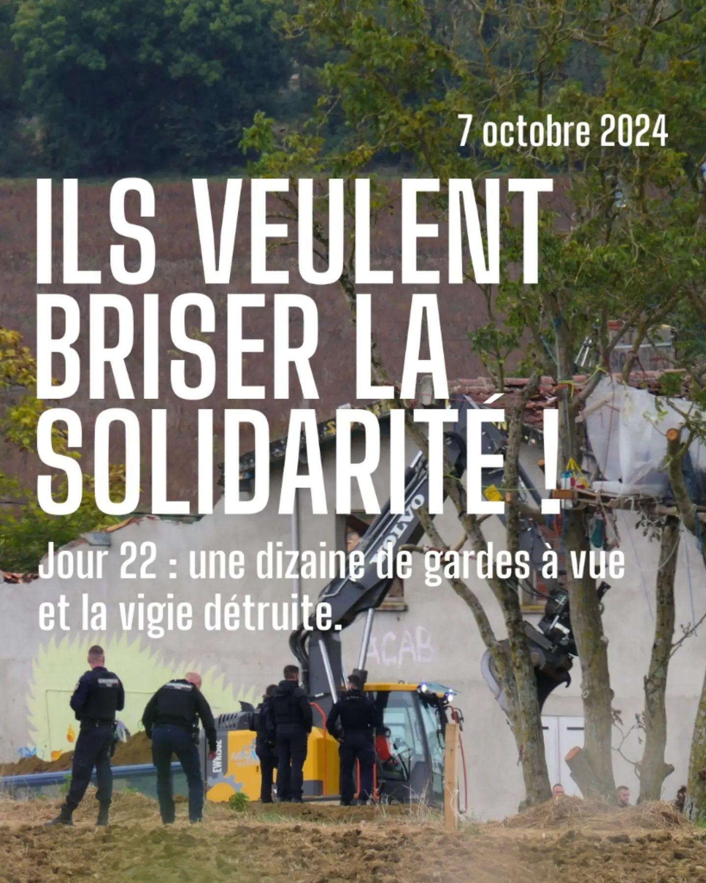 photo d'une machine attaquant un arbre et des flics qui regardent 7 octobre 2024, ils veulent briser la solidarité ! puis titre de l'article